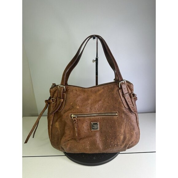 Dooney and Bourke Ostrich Brown Embossed Leather Shoulder Bag Logo Purse Zip - Picture 1 of 13